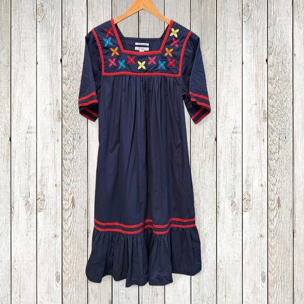 Go Softly Patio Womens Muumuu Dress Navy Blue Embroidered Floral Vintage Size S